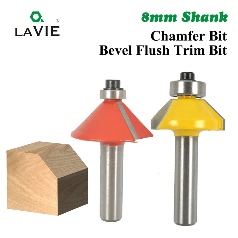 

LA VIE 1pc 8mm Shank 45 Degree Chamfer Edge Forming Router Bit Bevel Flush Trim Bit Woodworking Milling Cutter Bits MC02021