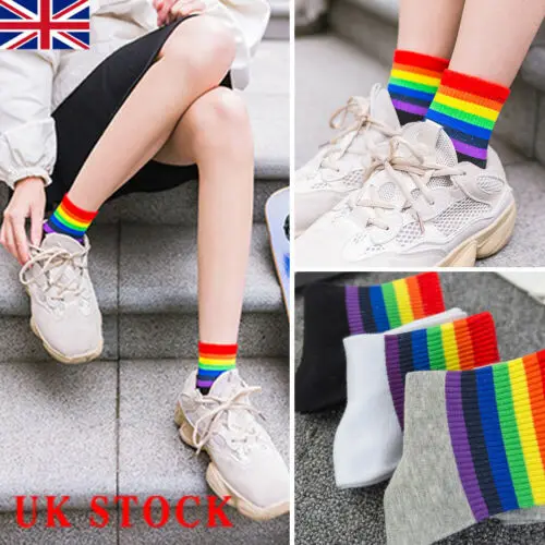 Дышащие радужные носки Harajuku спортивные трикотажные носки по щиколотку Женские Унисекс в полоску удобные повседневные радужные короткие носки FW