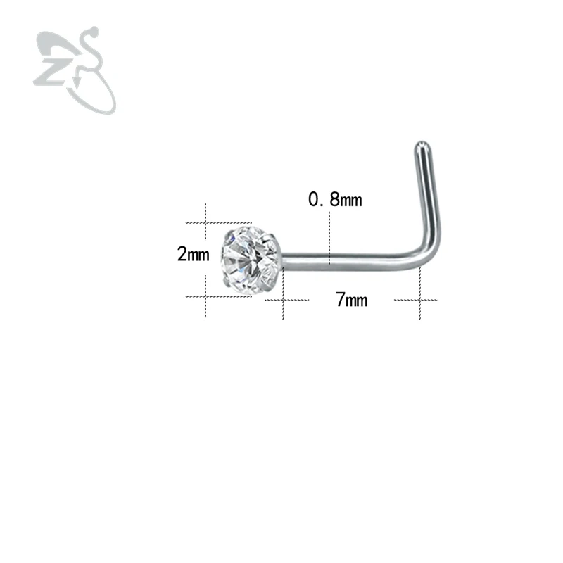 ZS 10 шт./партия, 20 г, пирсинг для носа, ювелирные изделия из нержавеющей стали 316L, кольца для носа, прозрачные кристаллы, l-образная форма, пирсинг Nez, пирсинг, кольца Nariz