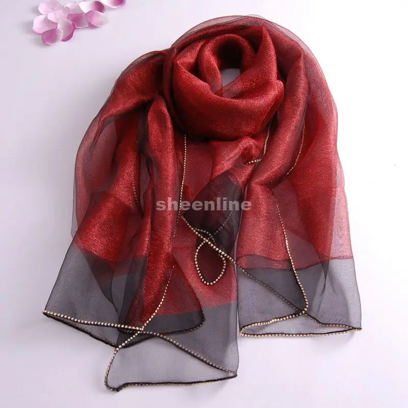 

31 Colors Delicate Double-layer Genuine Silk Shining Thread Diamonds Shawl Pashmina Long Scarf Light Spring Autumn Fashion Wrap