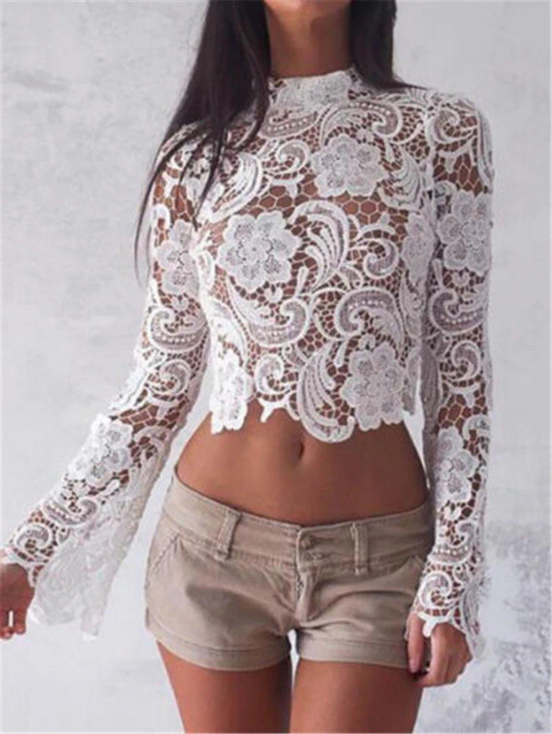 

New Fashion Women Floral Lace Crochet Long Sleeve Bodycon Short Summer Top Blouse Casual Outfits Tops Shirt Party Club Clothes