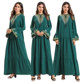 

Muslim Dress Abaya Dubai Embroidery Kaftan Jilbab Party Robe Gown Drawstring Flare Sleeve Ethnic Turkish UAE Draped Dresses New