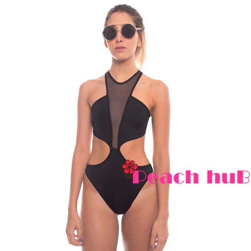Sexy See Through Black Mesh Monokini Female Cut Out Thong Swimwear Plus SizeWomen One Piece Transparent Swimsuit (2)