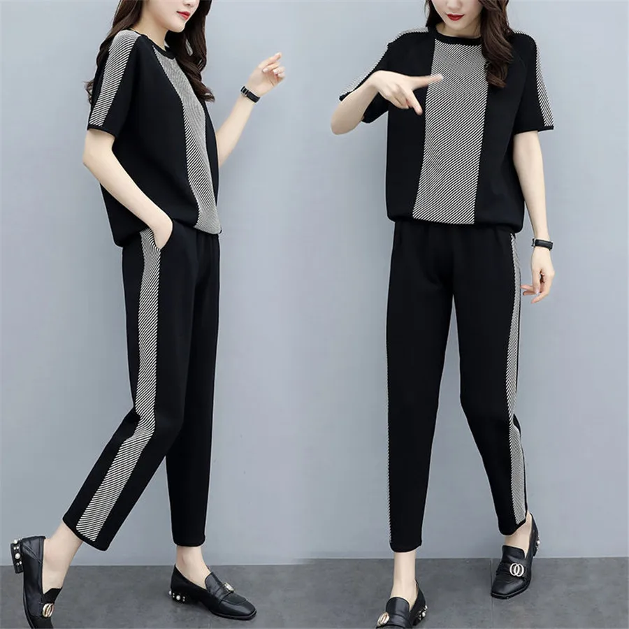 

2 Piece Set Women Tracksuits Sweatsuit O-Neck short Sleeve Sweatshirt+Pants Sporting Suit Female Sportswear Outfit