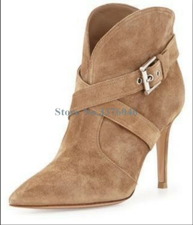 

Pointed Toe Buckle Strap Stiletto Heel Ankle Boots Slip On Cross Tied Thin High Heel Short Boots Camel Black Suede Women Boots