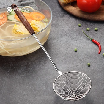 

WORTHBUY Kitchen Strainer 304 Stainless Steel Colander Residue Vegetables Strainer With Wooden Long Handle Kitchen Accessories