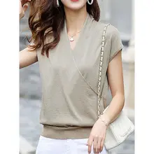Top de punto para mujer camiseta de verano gris elegante Oficina Coreana moda Camiseta cuello en V Sexy Delgado calle viaje Chic señoras camisetas(China)