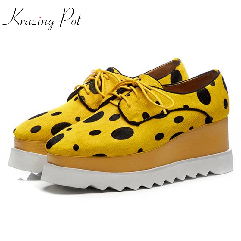 

Krazing Pot 2019 horsehair shoes women lace up square toe dot decoration women causal plus size wooden soles increased shoes L07