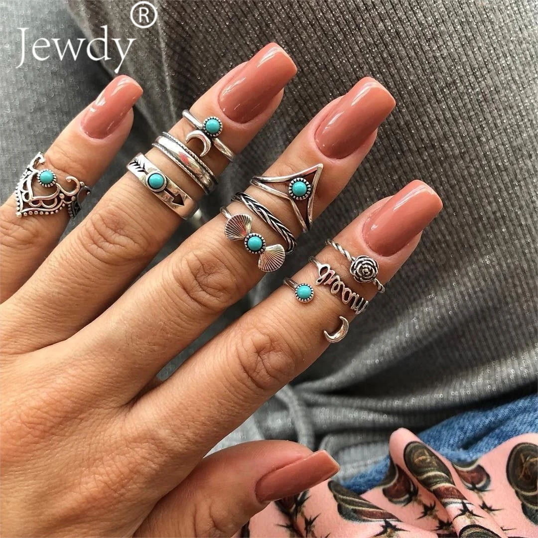 

10 PCS/Set Vintage Bohemian Midi Ring Shell Moon Flower Leaf Armor Shield Geometric Knuckle Midi Rings for Women Jewelry Gifts