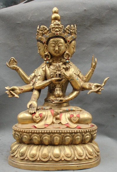 

JP S061 16" Tibet Bronze Gilt 3 Head 8 Arms Namgyalma & Ushnishavijaya Buddha Statue (B0328)