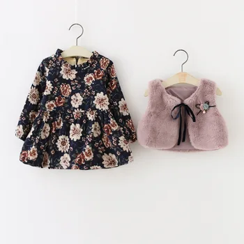 

Warm Winter Children's Wear Girls' Set(Dress+Vest) Autumn And Winter Children's Fur Vest + Dress Set Baby Girl Plus Velvet