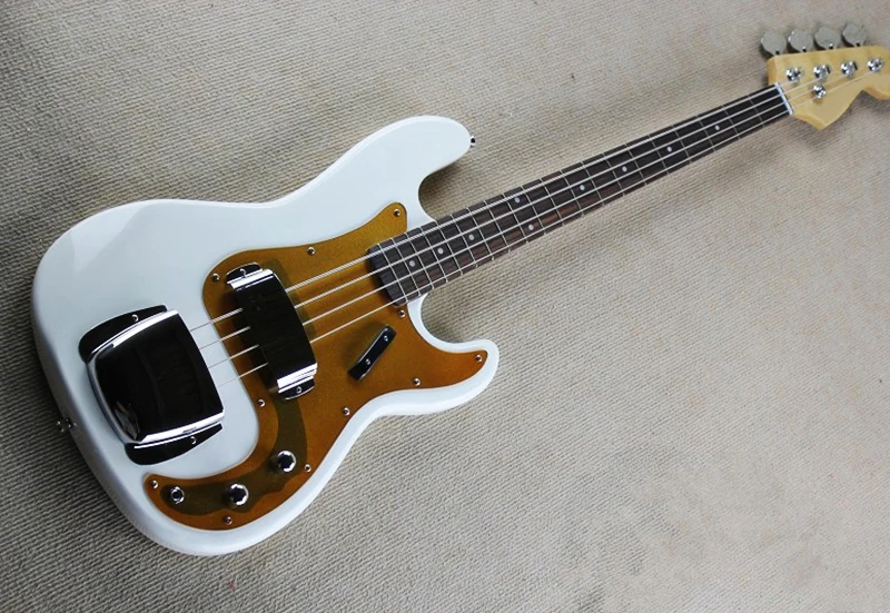 

4 Strings White Electric Bass Guitar with Golden Pickguard,Rosewood Fretboard,Chrome Hardwares,offering customized services