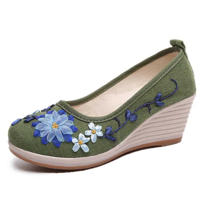 TIMETANG Для женщин насосы льняная обувь Винтаж цветочной вышивкой тканевые туфли на танкетке женские туфли на платформе; Zapatos MujerE174