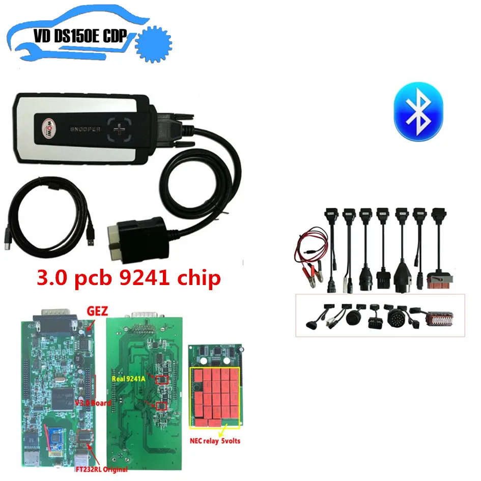 

snooper wow 3.0 pcb 9241 chip for delphis ds150e new vci with bluetooth +8 pcs full set car cable for autocoms can choose