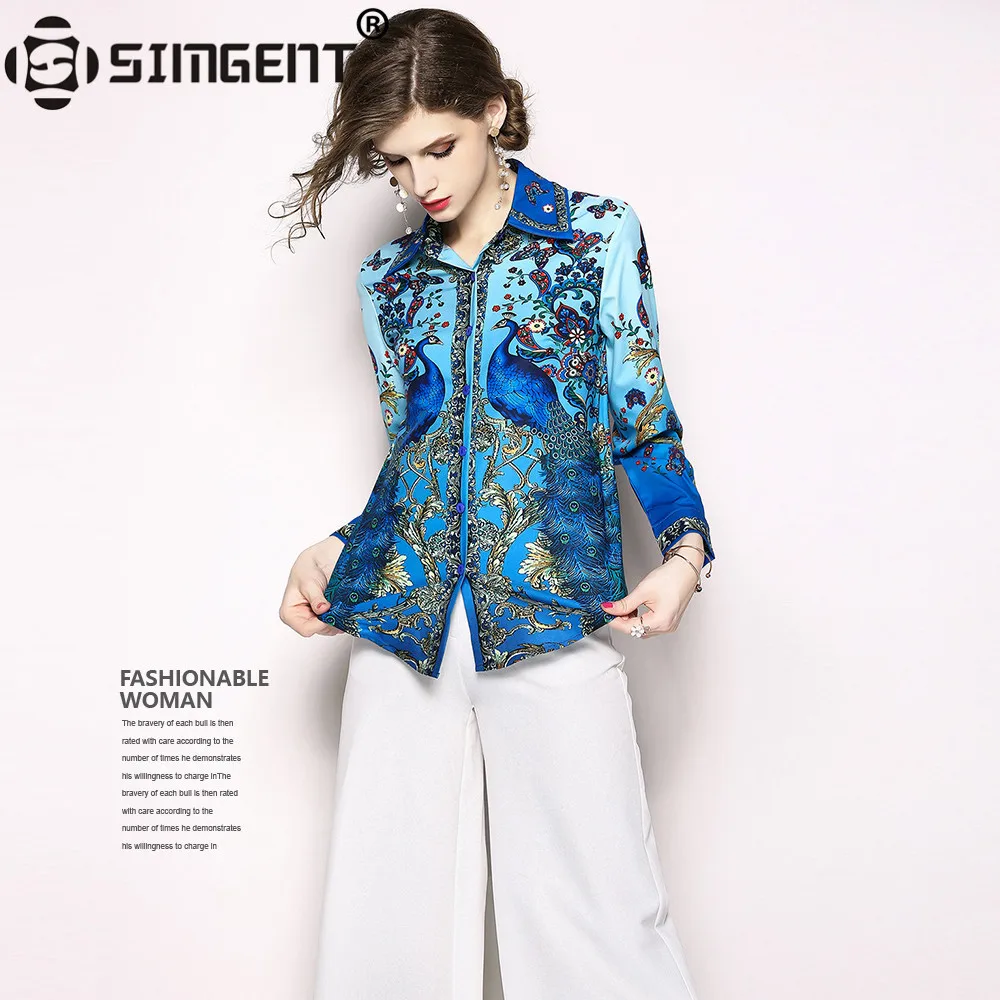 Simgent, высокое качество, новая мода, длинный рукав, отложной воротник, элегантный, офисный, с принтом павлина, женские рубашки, женские топы, SG86221