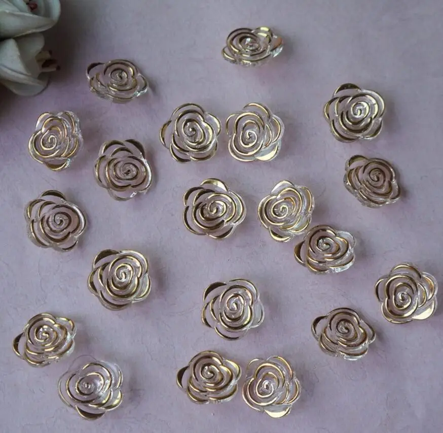 

100pcs 7*18mm Beautiful Acrylic Gold Rose Flower Beads With Hole For Hair Peice Tiaras Jewelry Scrapbooking Craft DIY