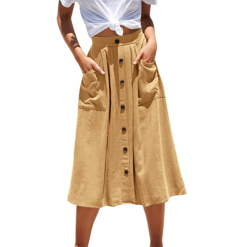 SHUJIN Для женщин Винтаж юбка летние Повседневное кнопки дизайн пляжные юбки Для женщин детские модные повседневные однотонные штаны с карманами уличная длинная юбка - Цвет: C2
