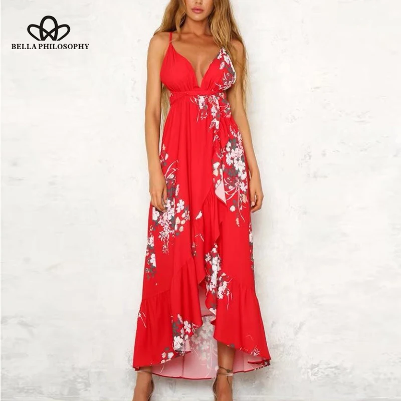 Wonder 2018 new Strap Summer Maxi Dress Floral Print Asymmetric Cross Backless Deep V neck Slip Tunic Long Women Beach Dress
