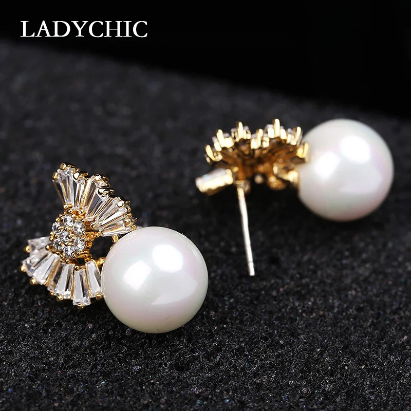 Женские серьги с пресноводным жемчугом LADYCHIC золотистые и Серебристые бантом