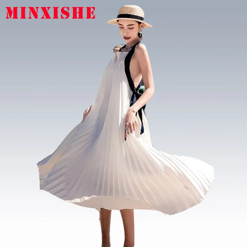 

Summer Women Dress 2019 Sexy Vintage Bodycon Elegant Boho Maxi beach Backless Pleated White Casual Club party night Long Dress