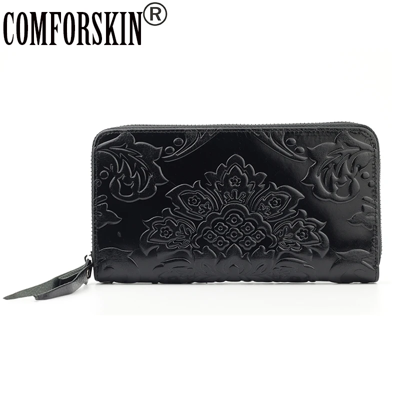 

COMFORSKIN Cowhide Leather Unique Embossed Floral Famous Brand Long Women Organizer Wallets New Arrivals Ladies Clutches Purses