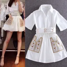 Женское Повседневное платье с отложным воротником и поясом на талии, белое Дешевое платье с вышивкой и карманами