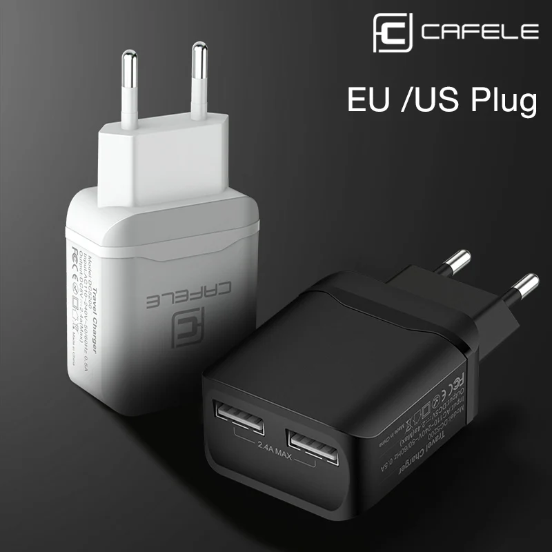 CAFELE USB Charger EU US Plug Adapter Travel Charging Charger USB 2.4A Dual Output Universal Charger Smart Phone Charger