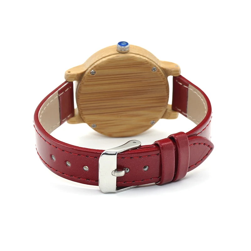 BOBO BIRD WJ09 Simple Style Bamboo Women Watch Bamboo Dial Genuine Red PU Leather Band Quartz Watches Relojes mujer Accept OEM