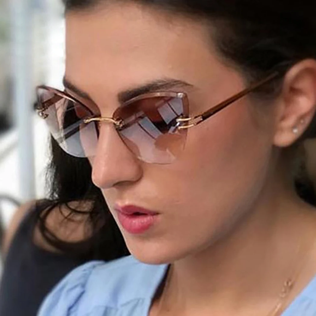 2018 бренд Винтаж кошачий глаз солнцезащитные очки для Для женщин без оправы негабаритных солнцезащитные очки женские металлический каркас
