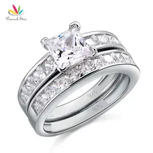 Pavo real Estrella Sólida Plata de ley 925 Pc Wedding Engagement Ring Set 1 Ct de Princesa Cut Joyería CFR8020