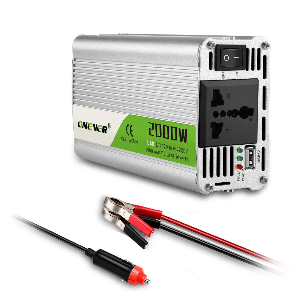 

DC 12V To AC 220V 2KW Car Power Inverter Converter Modified Sine Wave Power AC Outlet 2.1A USB Charger Smart Temperature Control