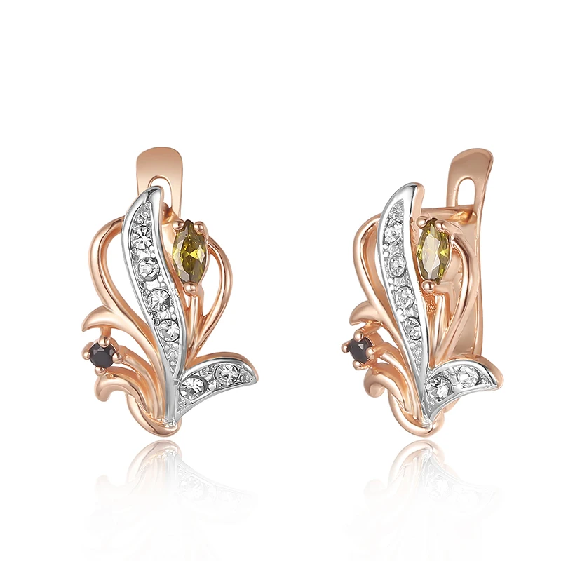 

FJ Gorgeous Women Ladies 585 Rose Mixed White Gold Color Dangle Earrings Black Green Cubic Zircon Earrings