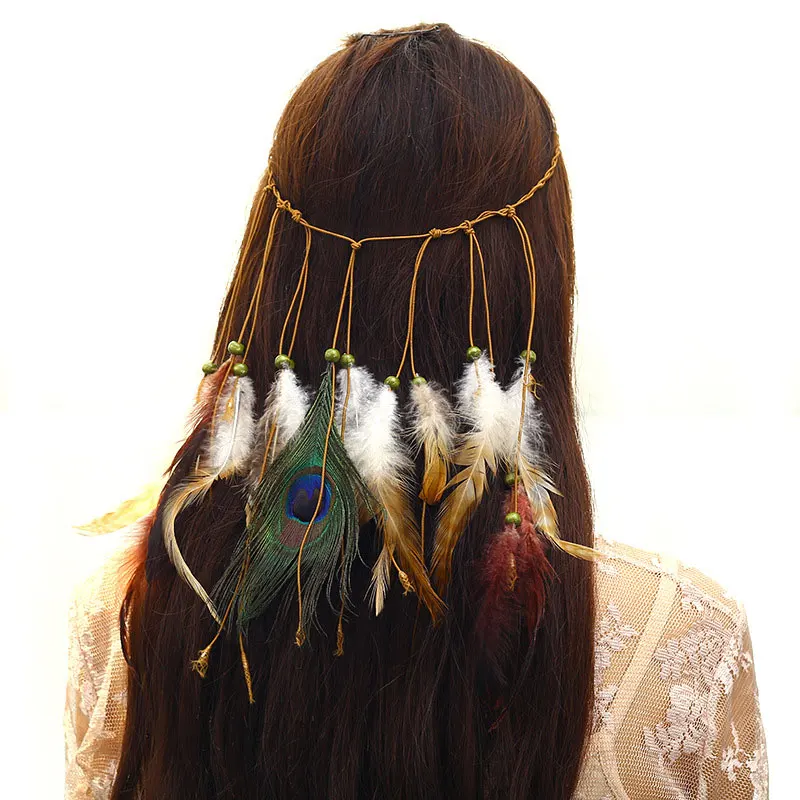 Винтажные Женские аксессуары для волос в богемном стиле, резинки для волос с перьями павлина, разноцветные индийские резинки для волос в национальном стиле, головные уборы - Цвет: Style E