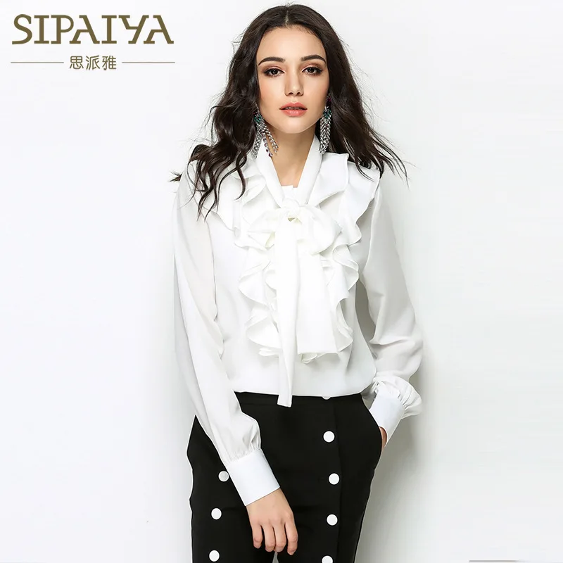 

Winter Autumn Elegant Brand Korean Suit Offical Solid Color Shirt Ruffles Blouse Bow with Lantern Sleeve OL Lady Blouses Tops
