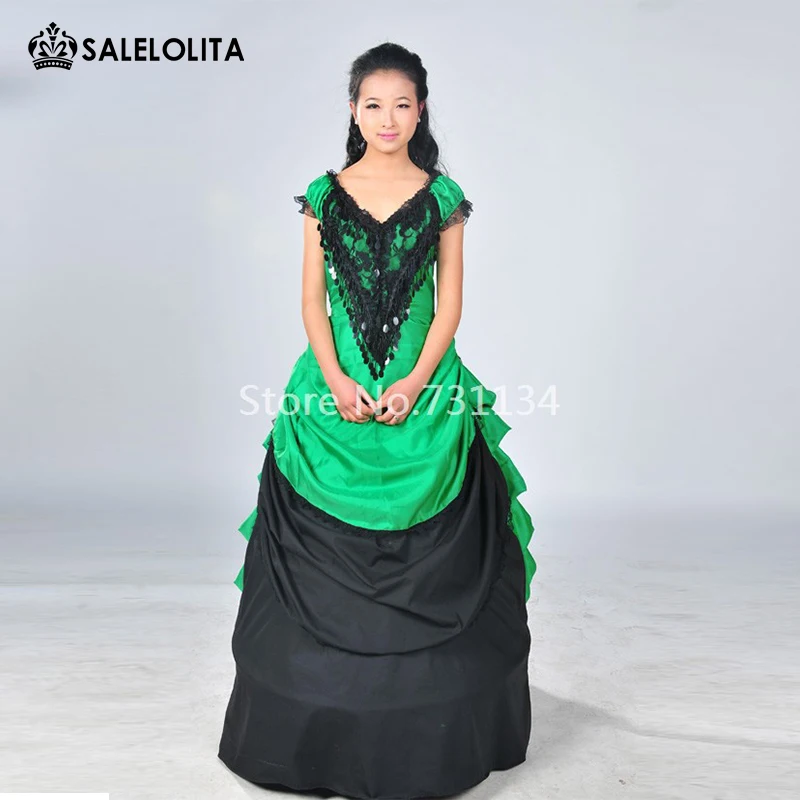 New Arrival Green Floor Length Victorian Party Dress Sexy V Collar Victorian Bustle Dress For 