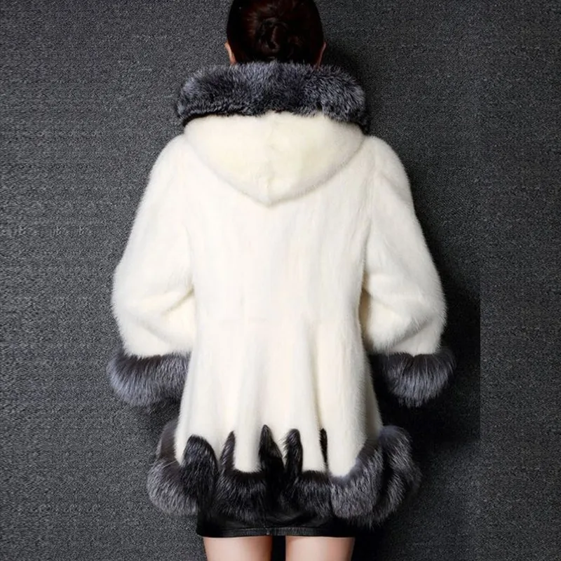 Женская Шуба с искусственным мехом, Воротник из меха серебристой лисы, с капюшоном, норковая шуба, пальто средней длины размера плюс S-6XL, зимнее пальто PC166
