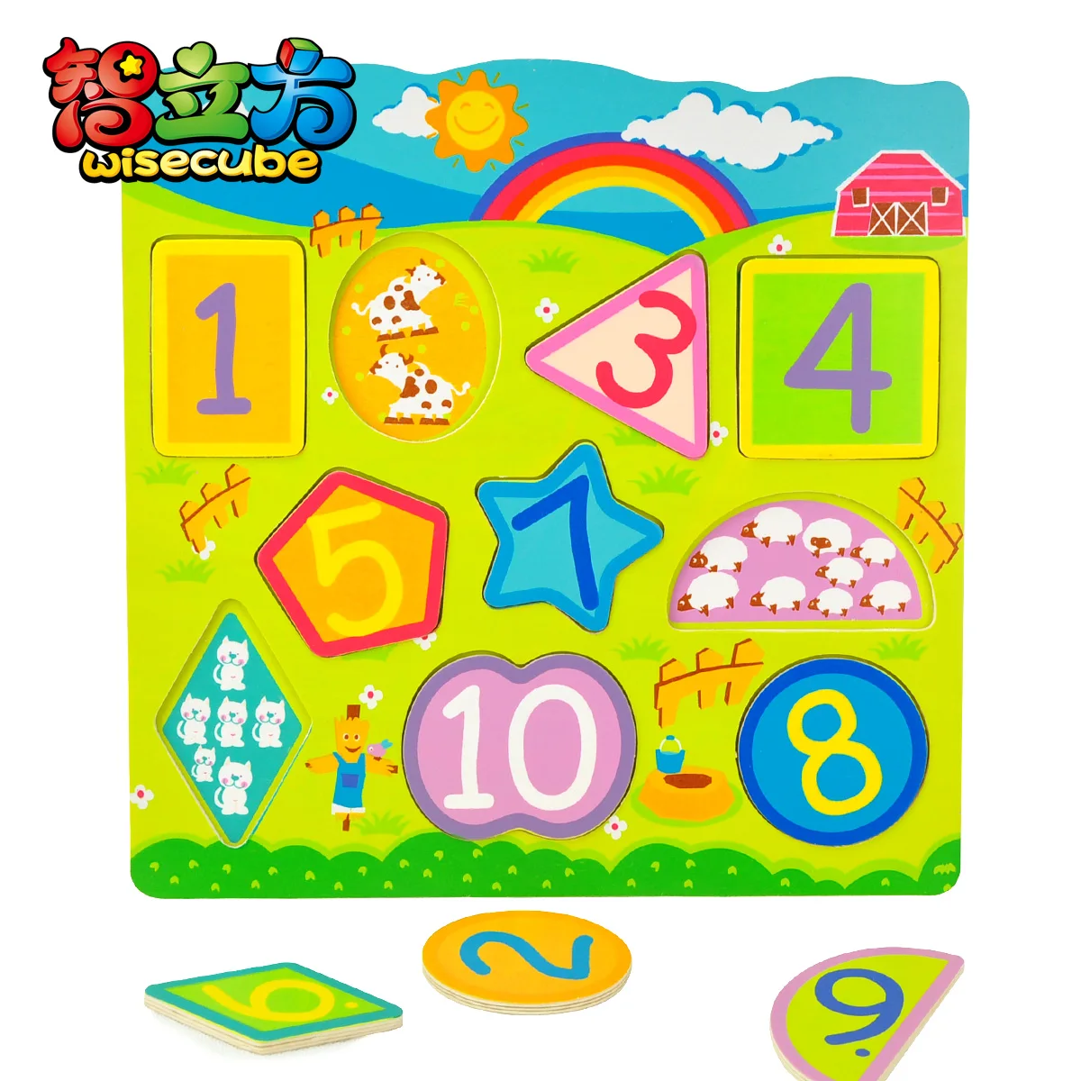

candice guo! hot sale educational wooden toy multipurpose rainbow puzzle board digit/color/shape/animal cognition 1pc