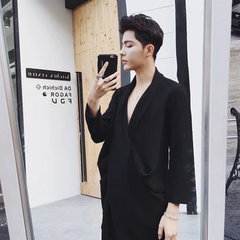 

Men's Summer Loose Long Fashion Long Sleeve Spring New Men's Trends Long Sleeve Collar Solid Color Korean Loose T-shirt