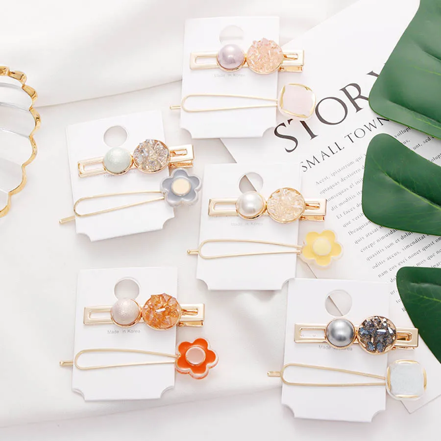 

Haimeikang 2Pcs Sets Fashion Women Floral Metal Hairpins Imitation Pearl Colorful Beads Hair Clips Irregular Geometric Hair Clip
