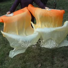 Оранжевый выцветание, 1 пара(1 шт. справа+ 1 шт. слева) 1,5 м* 0,9 м(5"* 35") Ручная роспись танец живота Шелковый веер вуаль, настоящий цветастый шелк