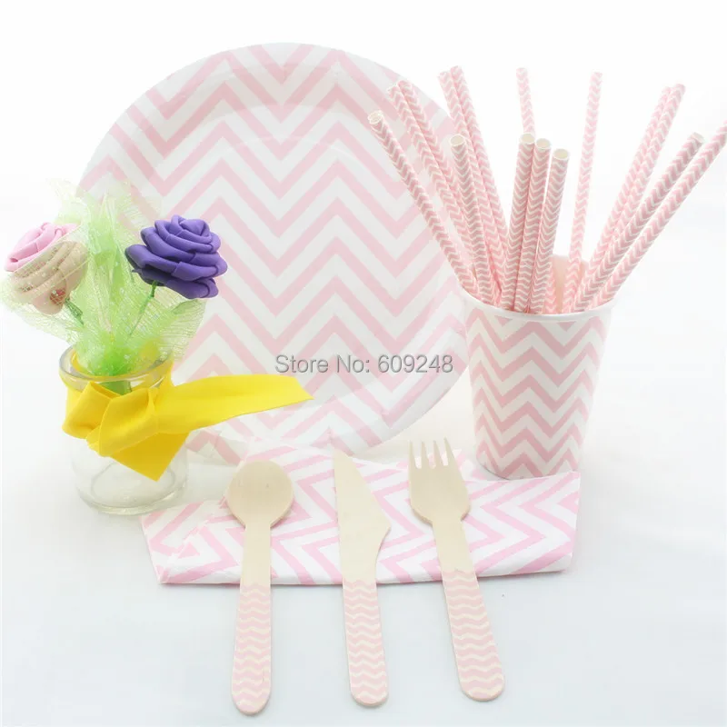Biodegradable Baby Pink Party Tableware Set,Cheap Disposable Chevron