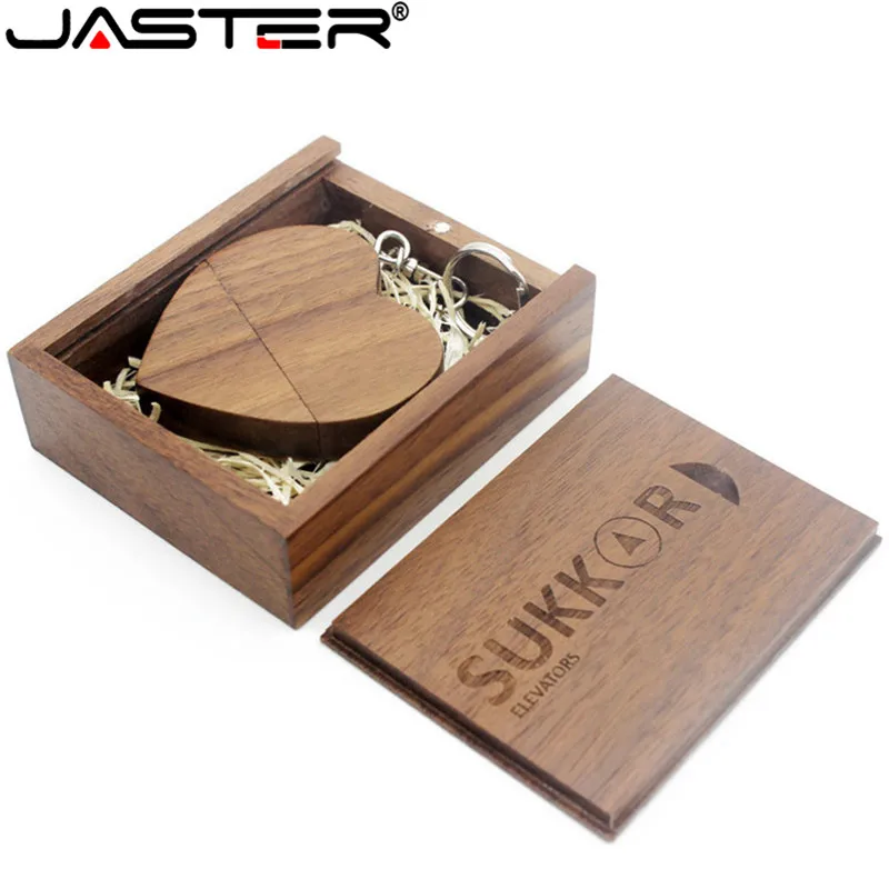 Дешевый JASTER (более 10 шт. бесплатный логотип) Орех Деревянный сердце + Подарочная коробка USB флеш накопитель креативный Флешка 8 ГБ 16 ГБ 32 ГБ 64 Гб карта ...