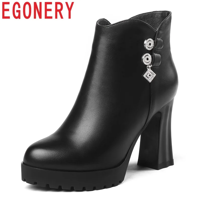 

EGONERY 2018 new fashion sexy round toe super high square heel plaform pu women shoes winter warm metal decoration ankle boots