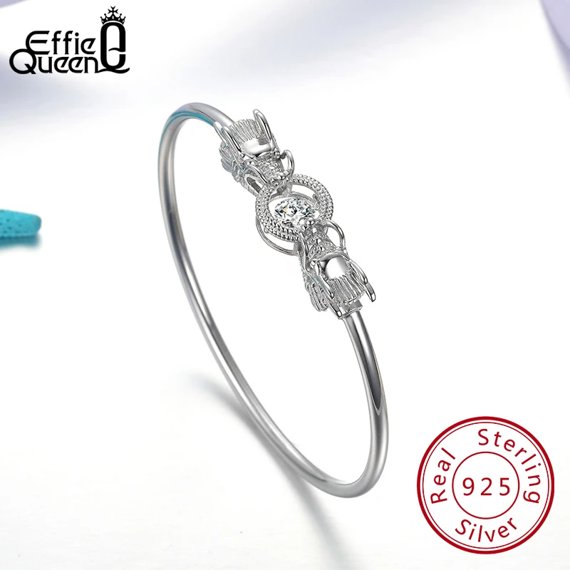 

Effie Queen S925 Sterling Silver Double Dragons Design Bangle Wristband Micro Stone Paved Flikering Women Bracelet Jewelry BB18