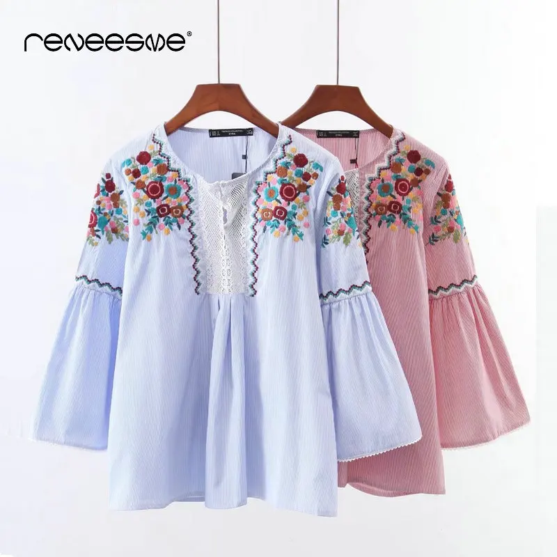 

new spring summer women blouse long sleeve o neck hollow out embroidery striped casual ladies blouse shirts pleated blusas tops