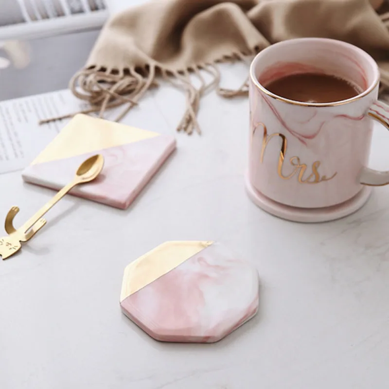 

Pink Gold Color Marble Style Ceramic Coaster Cup Mats Pads Home Table Decoration