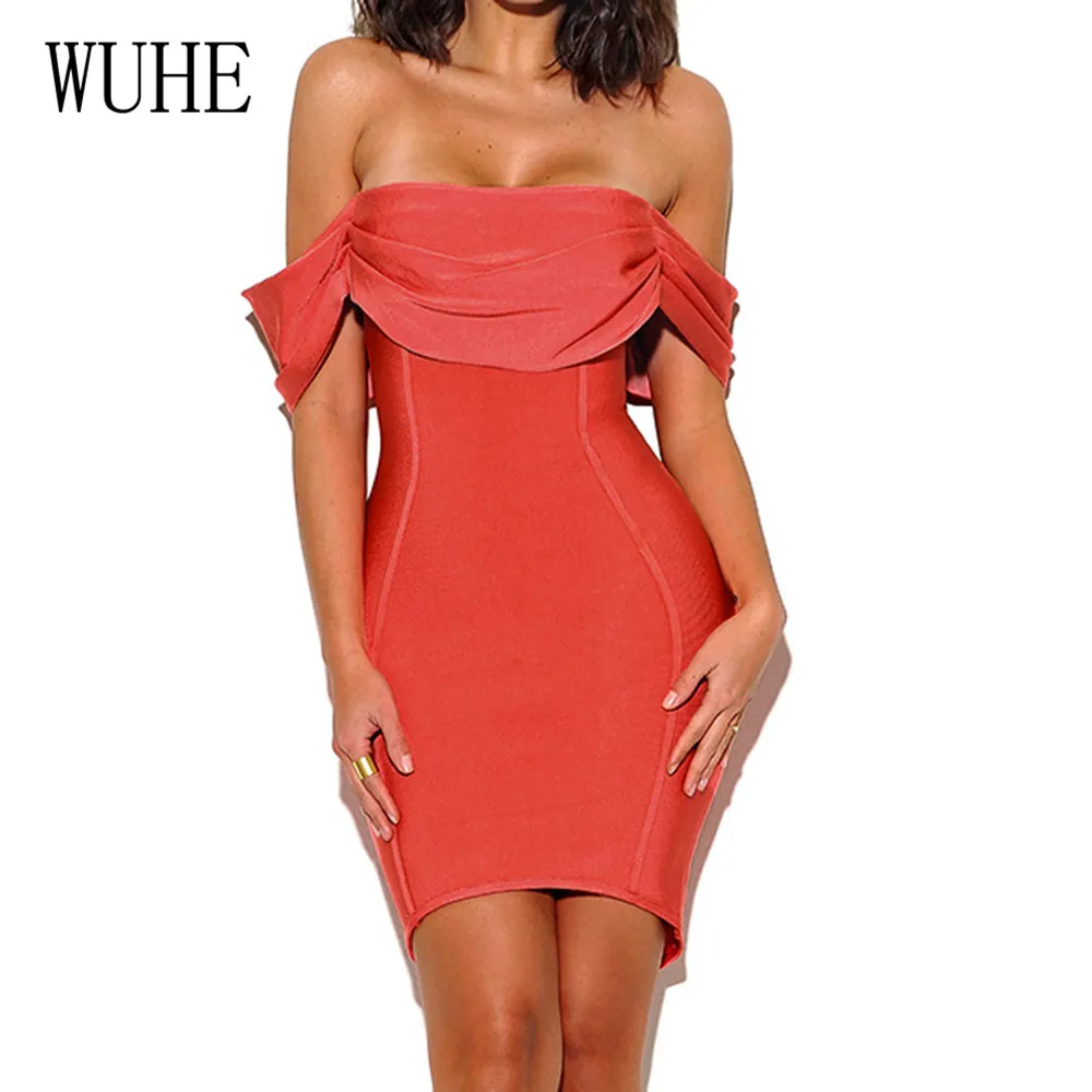

WUHE Off Shoulder Strapless Sexy Women Mini Dress Straight Short Bodycon Pleated Dress Elegant Summer Red Holiday Party Dresses