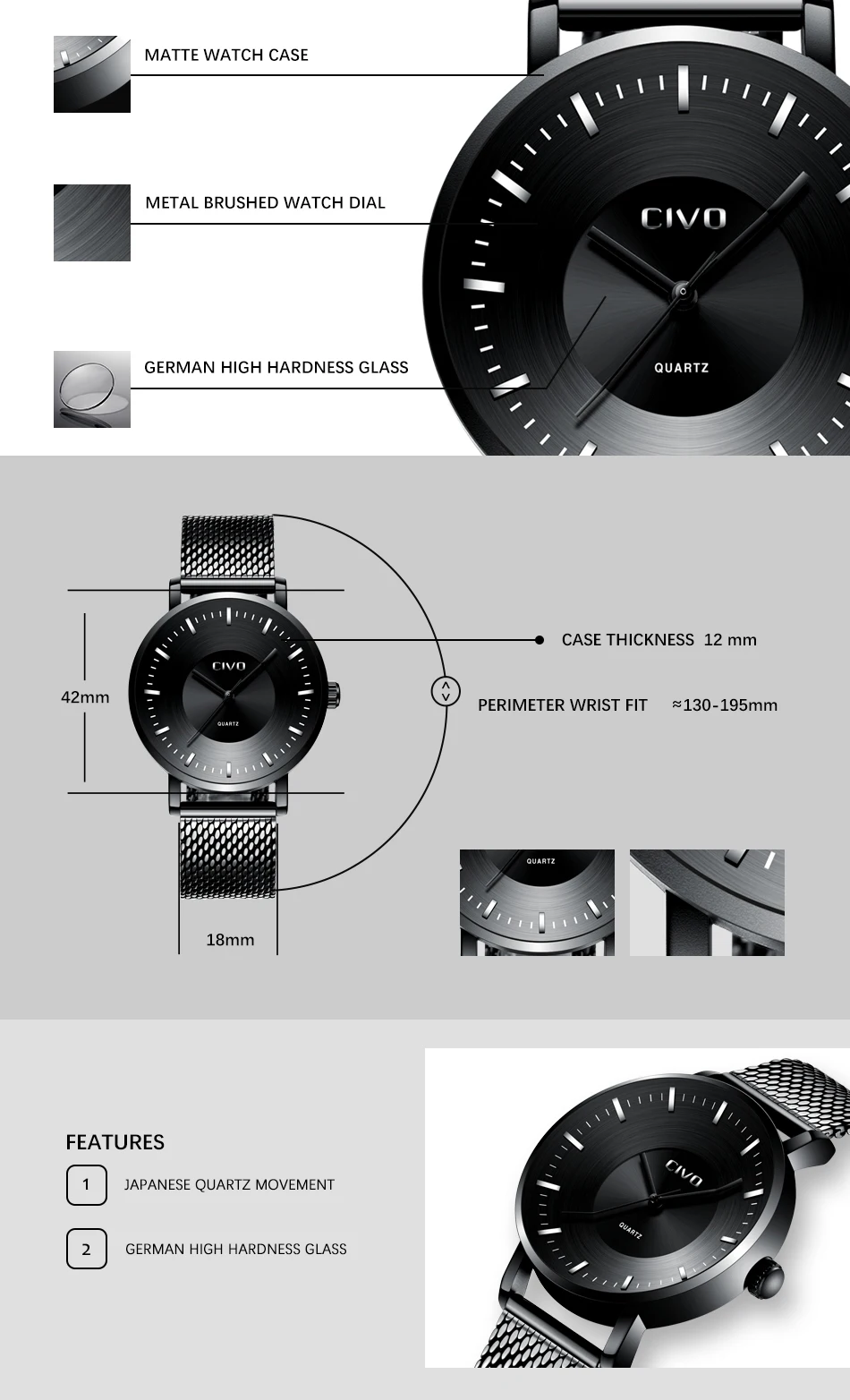 CIVO мужские s часы изогнутые часы с водонепроницаемой аналоговой нержавеющей стали сетки кварцевые часы для мужчин черные часы Relogio Masculio
