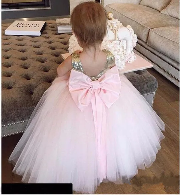 

Pink Baby Girls Birthday Gown Flower Girl Dresses with Bow Sequins Top Puffy Kids Clothes Size1-16Years