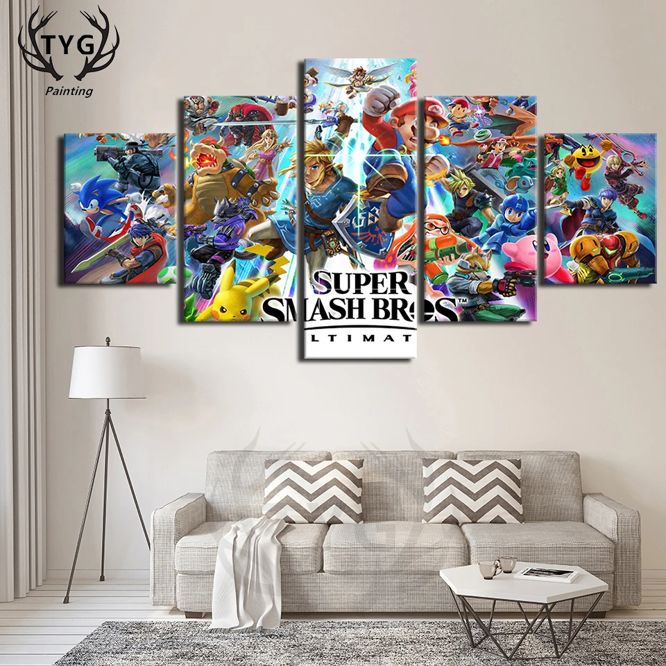 

Decorative Hot 5 Pieces High Quality Wall Decorate Super Smash Bros Ultimate Game Canvas Painting Modular Pictures Free Shipping